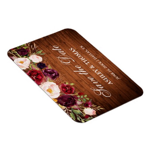 Rustic Wood Burgundy Floral Save The Date Magnet Zazzle