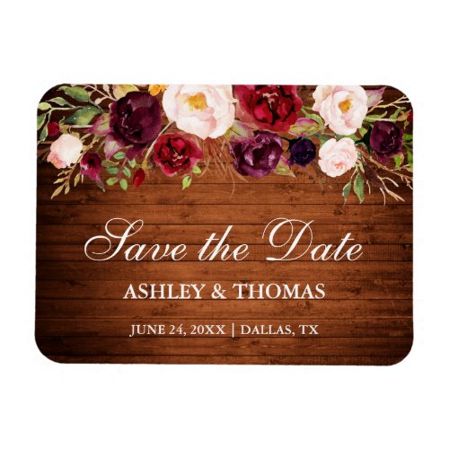 Rustic Wood Burgundy Floral Save the Date Magnet