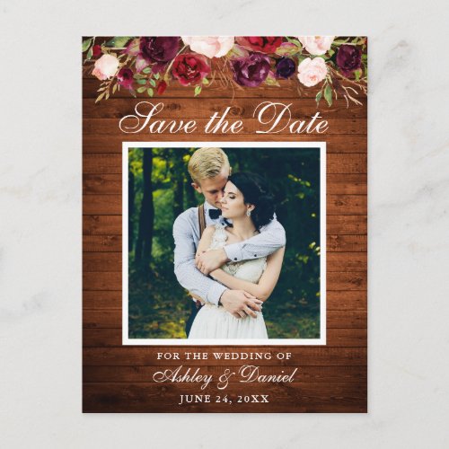 Rustic Wood Burgundy Floral Save the Date Photo Announcement Postcard