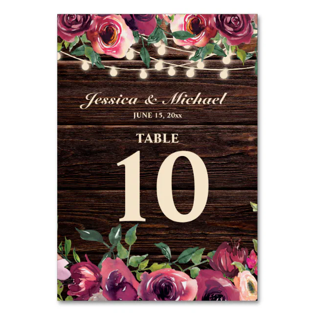 Rustic Wood Burgundy Floral String Light Wedding Table Number Zazzle