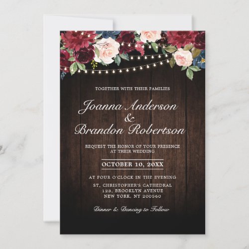 Rustic Wood Burgundy Floral String lights Invitation