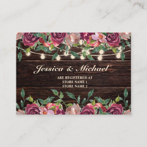Rustic Wood Burgundy Floral String Lights Registry Enclosure Card