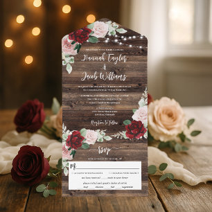 Rustic Wood Burgundy Floral String Lights Wedding All In One Invitation