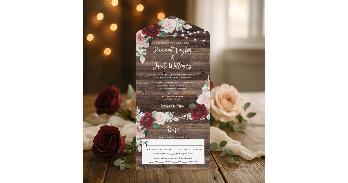 Rustic Wood Burgundy Floral String Lights Wedding All In One Invitation ...