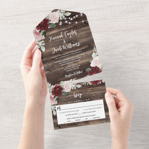 Rustic Wood Burgundy Floral String Lights Wedding All In One Invitation