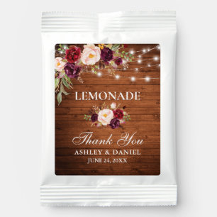 Rustic Wood Burgundy Floral String Lights Wedding Lemonade Drink Mix