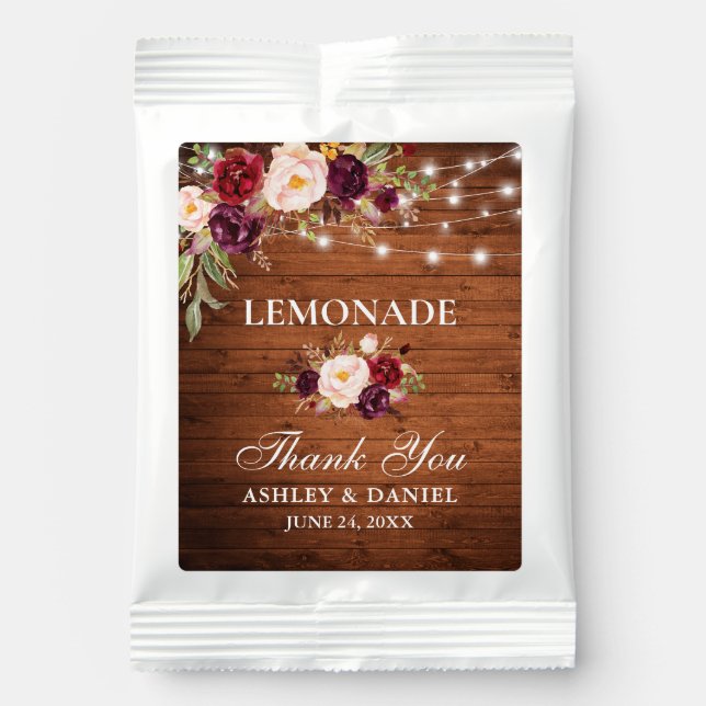 Rustic Wood Burgundy Floral String Lights Wedding Lemonade Drink Mix (Front)