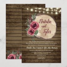 Rustic Wood Burgundy Floral|Tree Slice Lights Wed