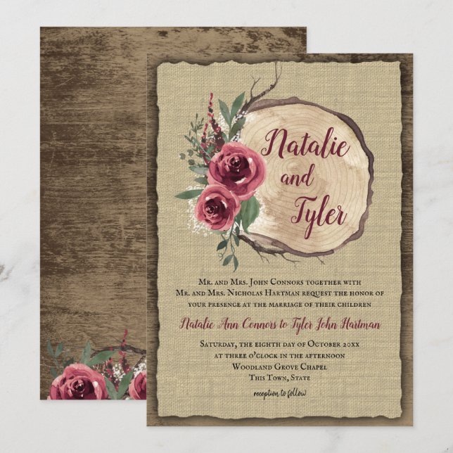 Rustic Wood Burgundy Floral Tree Slice Wedding Invitation (Front/Back)