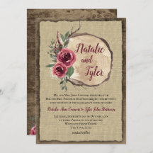 Rustic Wood Burgundy Floral Tree Slice Wedding