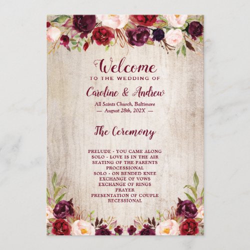 Rustic Wood Burgundy Floral Wedding Ceremony Program