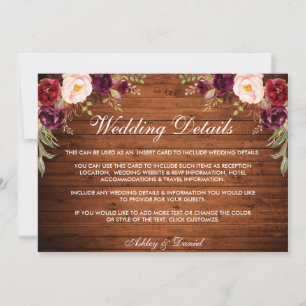Rustic Wood Burgundy Floral Wedding Details Card