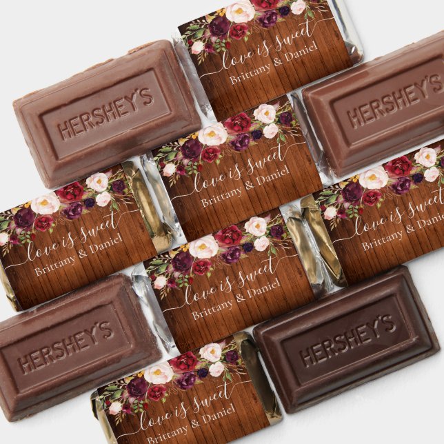 Rustic Wood Burgundy Floral Wedding Hershey's Miniatures (Assorted)