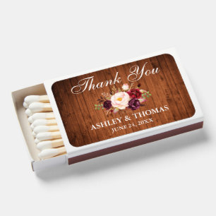 Rustic Wood Burgundy Floral Wedding Matchboxes