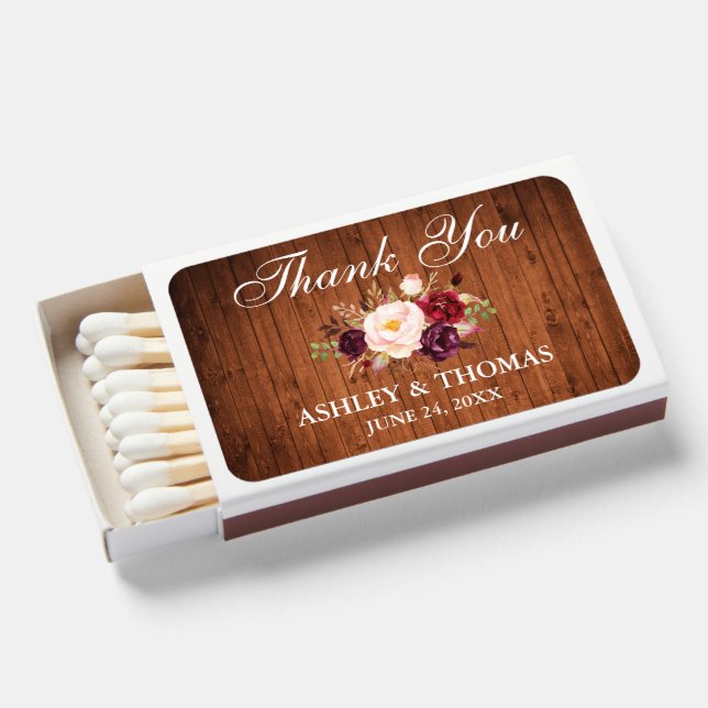 Rustic Wood Burgundy Floral Wedding  Matchboxes (Front Open)