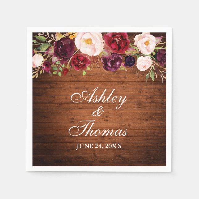 Rustic Wood Burgundy Floral Wedding Napkins (Front)
