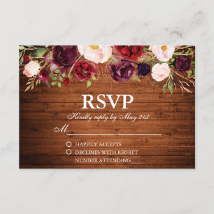 Rustic Wood Burgundy Floral Wedding RSVP Card