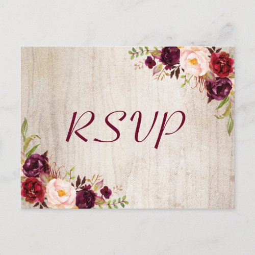 Rustic Wood Burgundy Floral Wedding RSVP Response Postcard - Rustic Wood Burgundy Floral Wedding RSVP Postcard. 
 (1) For further customization, please click the "customize further" link and use our design tool to modify this template.
(2) If you need help or matching items, please contact me.