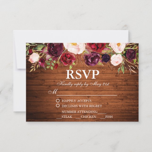 Rustic Wood Burgundy Floral Wedding RSVP w/Meal Card (Front)