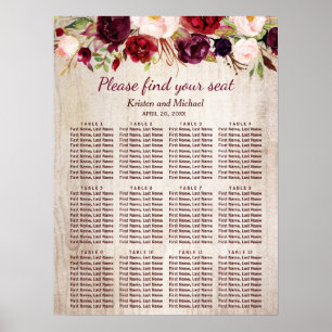 Rustic Wood Burgundy Floral Wedding Seating Chart