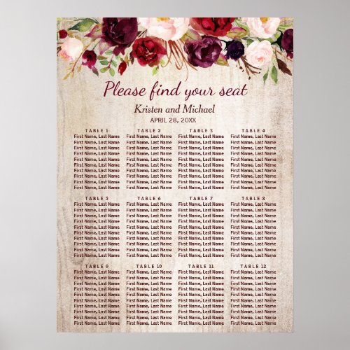 Rustic Wood Burgundy Floral Wedding Seating Chart - Rustic Wood Burgundy Floral Wedding Seating Chart Poster. 
(1) The default size is 18 x 24 inches, you can change it to other size. 
 (2) For further customization, please click the "customize further" link and use our design tool to modify this template. 
 (3) If you need help or matching items, please contact me.