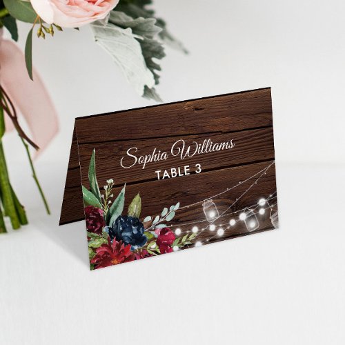  Rustic Wood Burgundy Floral  Wedding Table Card