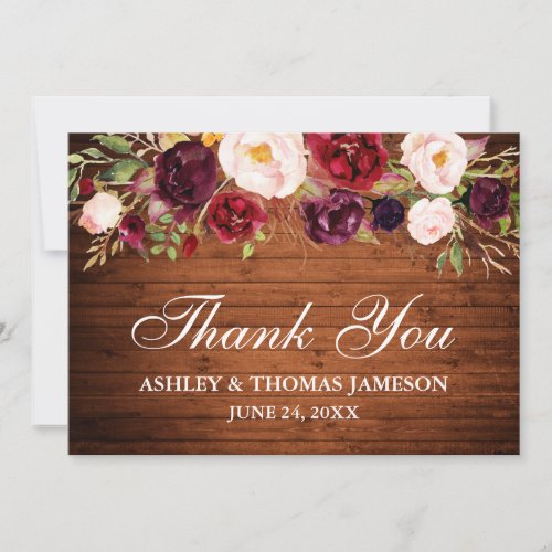 Rustic Wood Burgundy Floral Wedding Thank You