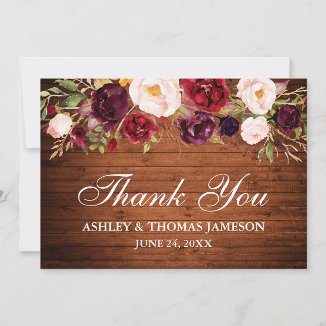 Rustic Wood Burgundy Floral Wedding Thank You Card (Front)