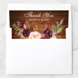Rustic Wood Burgundy Floral Wedding Thank You Envelope Liner