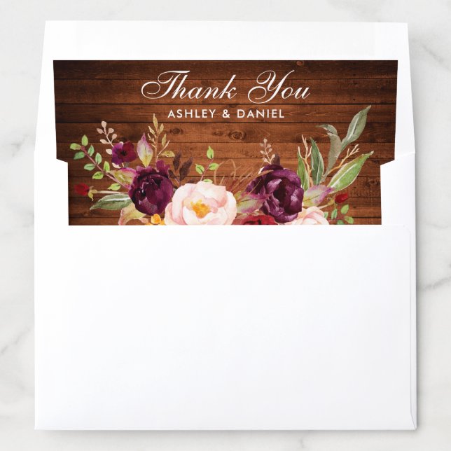 Rustic Wood Burgundy Floral Wedding Thank You Envelope Liner (In Envelope)
