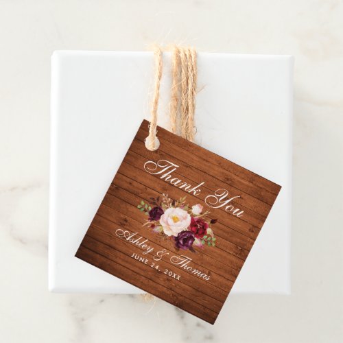 Rustic Wood Burgundy Floral Wedding Thank You Favor Tags