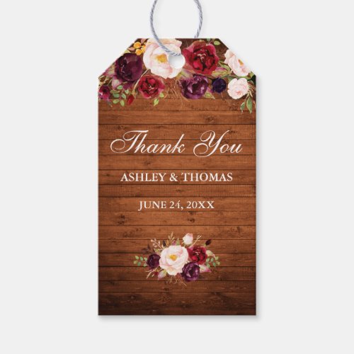 Rustic Wood Burgundy Floral Wedding Thank You Gift Tags