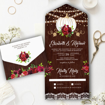 Rustic Wood Burgundy Floral White Pumpkin Wedding All In One Invitation by ShabzDesigns at Zazzle