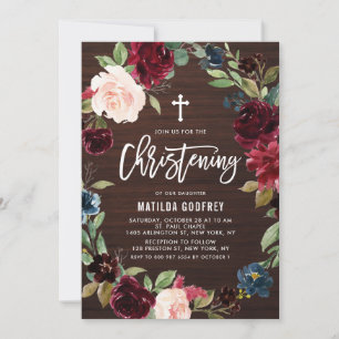 Rustic Wood Burgundy Floral Wreath Christening Invitation