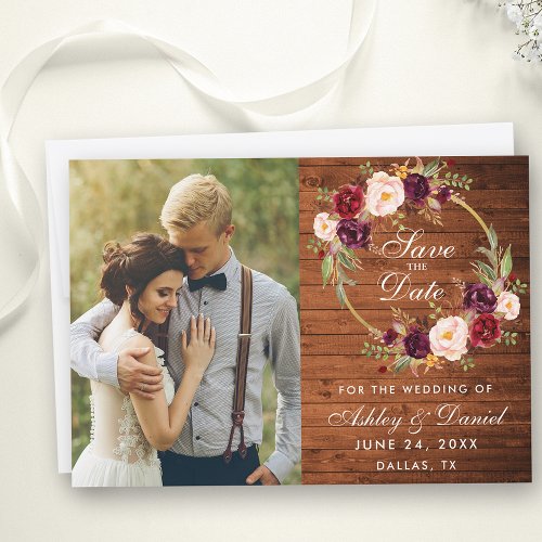 Rustic Wood Burgundy Floral Wreath Save The Date