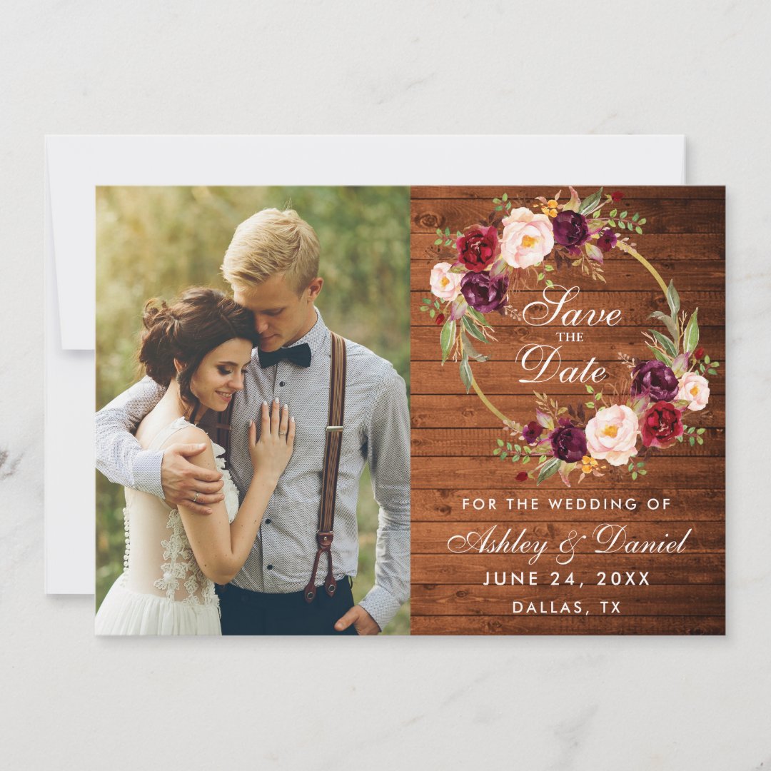 Rustic Wood Burgundy Floral Wreath Save The Date Zazzle