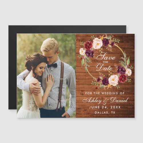 Rustic Wood Burgundy Floral Wreath Save The Date Magnetic Invitation