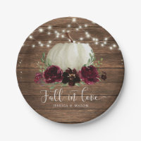 Rustic Wood Burgundy Flowers Pumpkin Plates