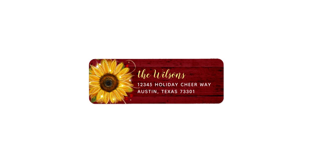 Rustic Wood Burgundy Gold Sunflower Return Address Label | Zazzle