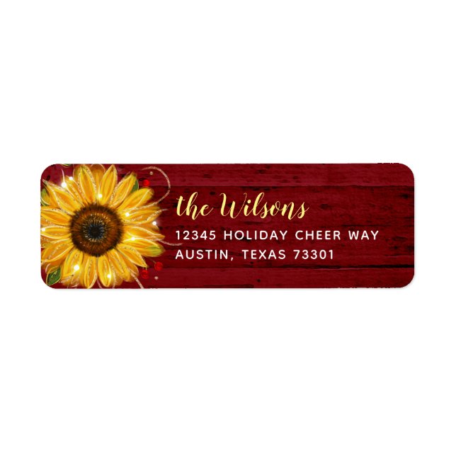 Rustic Wood Burgundy Gold Sunflower Return Address Label (Front)