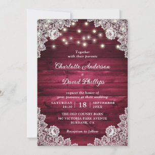 Rustic Wood Burgundy Lace String Lights Wedding Invitation