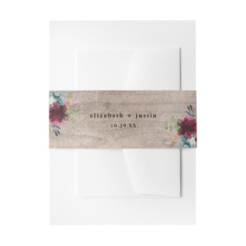 Rustic Wood Burgundy Navy Floral Personalized Invitation Belly Band - Designed to coordinate with our Rustic Burgundy Navy Blooms wedding collection, this customizable Belly Band, features a burgundy watercolor wash paired with classy serif font in black, set on a rustic wood background. To make advanced changes, go to "Click to customize further" option under Personalize this template.