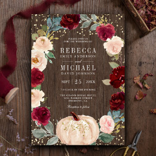 Rustic Wood Burgundy Peach Floral Pumpkin Wedding Invitation