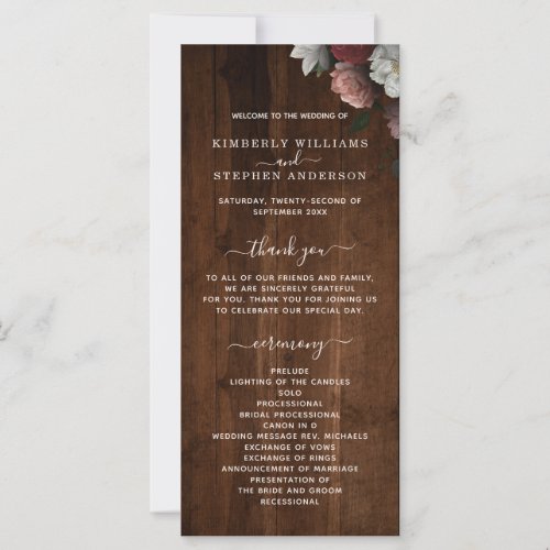 Rustic Wood Burgundy Pink Floral Wedding Program