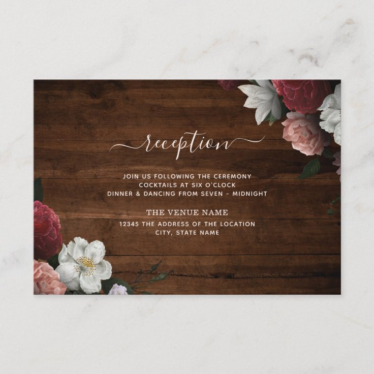 Rustic Wood Burgundy Pink Floral Wedding Reception Enclosure Card Zazzle