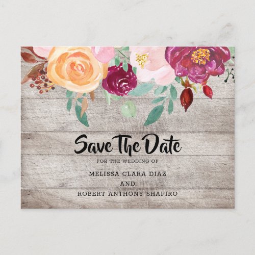 Rustic Wood Burgundy Pink Save The Date Wedding Announcement Postcard