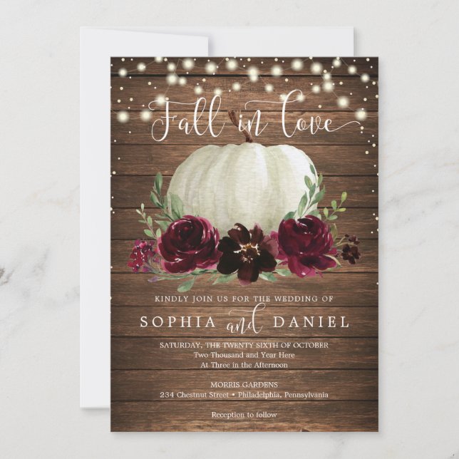 Rustic Wood Burgundy Pumpkin Wedding Invitation (Front)
