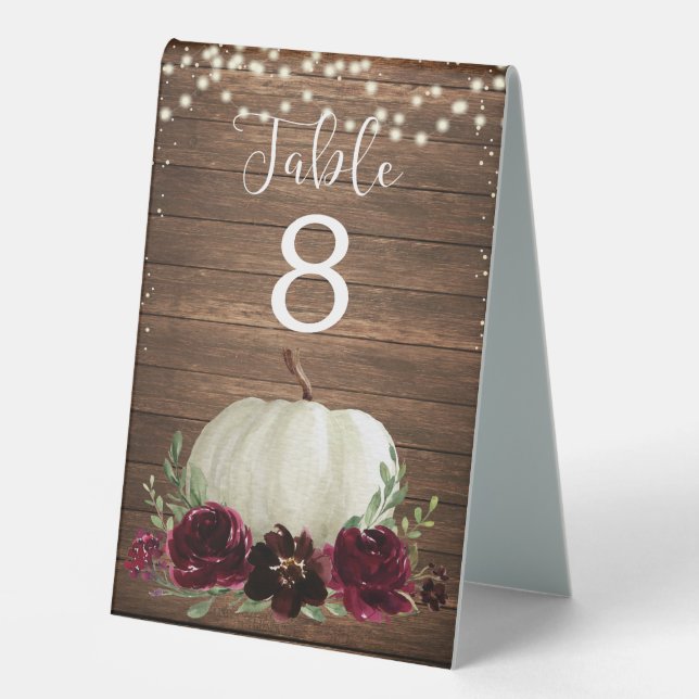 Rustic Wood Burgundy Pumpkin Wedding Table Numbers Tent (Front)