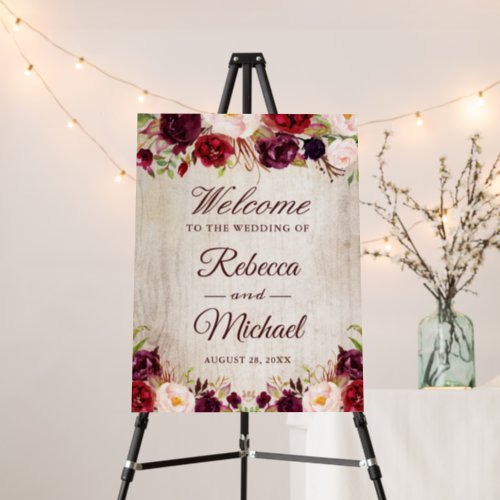 Rustic Wood Burgundy Red Blush Floral Wedding Foam Board - Rustic Wood Burgundy Red Blush Floral Wedding Sign Foam Board. 
(1) The default size is 18 x 24 inches, you can change it to other size.  
(2) For further customization, please click the "customize further" link and use our design tool to modify this template.