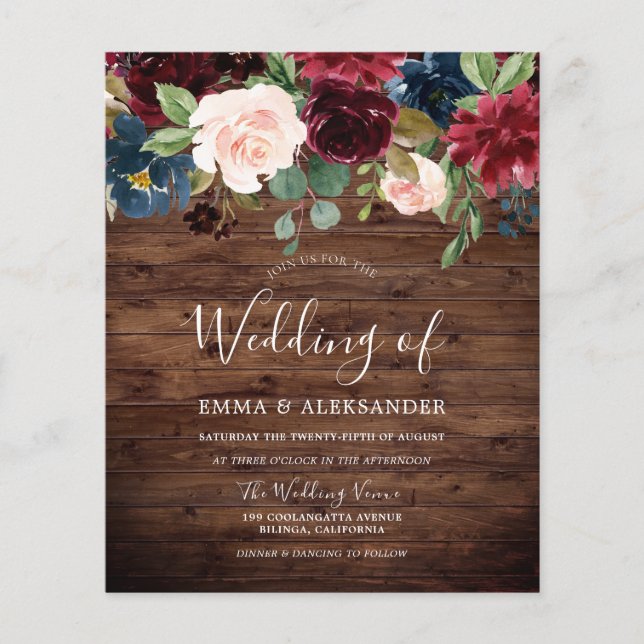 Rustic Wood Burgundy Red Budget Wedding Invite (Front)